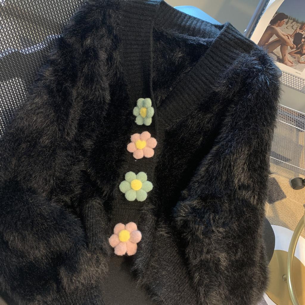Jarní a podzimní pletený kardigan Imitace norkové fleecové mikiny Sladká barva bonbónu Květinový design Módní Malý invazivní temperament Dámský kabát