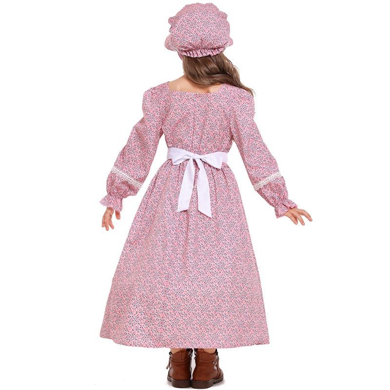 Floral Colonial Pioneer Girl Dress Pink Blue Victorian Long Dress with Apron