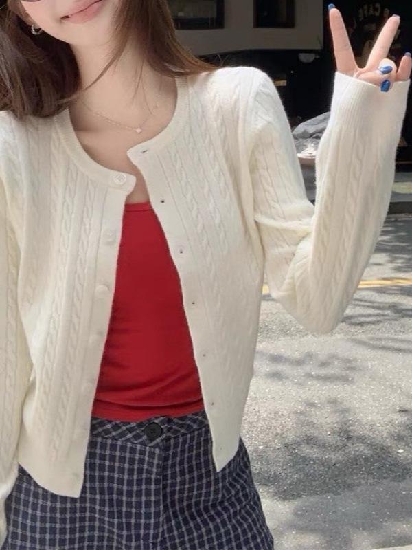 Women's Round Neck Cable Knit Cardigan - Autumn/Winter Versatile Sweater Coat
