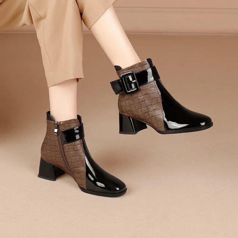 Women's 2025 Autumn/Winter British Style Fleece-Lined Square Toe Chunky High Heel Ankle Boots