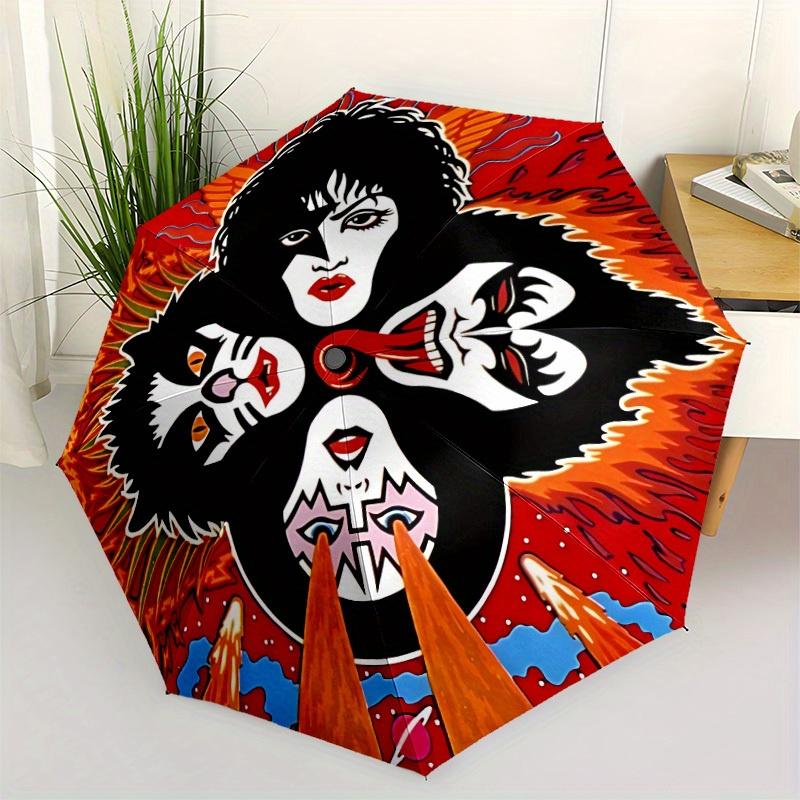 Ombrello Pieghevole Automatico con Stampa KISS Faces e Robusto Telaio in Ferro, Ombrello da Viaggio Compatto Portatile per Tutte le Stagioni Feste003
