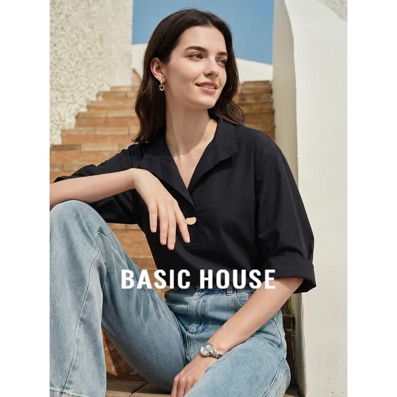 Basic House Women s French Style Half-Sleeve Turn-Down Collar Shirt L