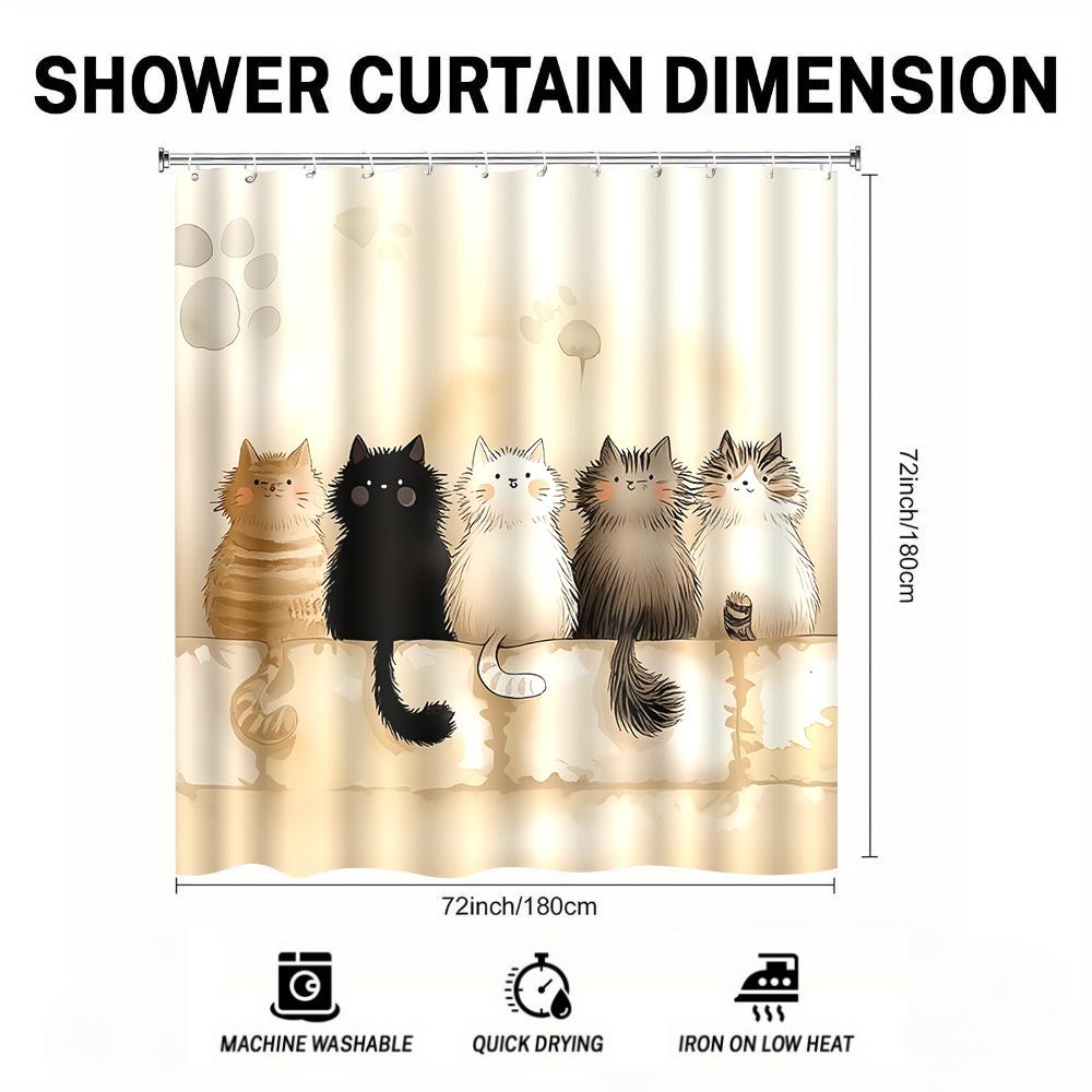 Cute Furry Cat And Paw Print Shower Curtain Set With 12 Hooks 180x180cm Waterproof Bathroom Decor