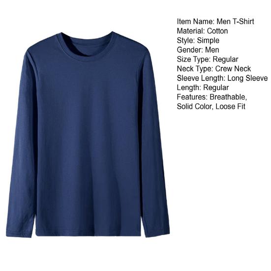 Men Long Sleeve T-Shirt Crew Neck Loose Fit Cotton Base Shirt Solid Color Casual Tee Shirt for Spring Autumn Casual Wear