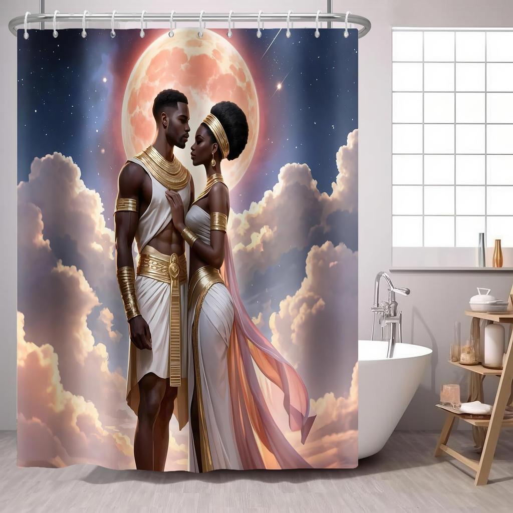 African American Woman Shower Curtain Black Woman Colorful Flower on Green Backdrop,Morden Fashion Gril Fabric Shower Curtains