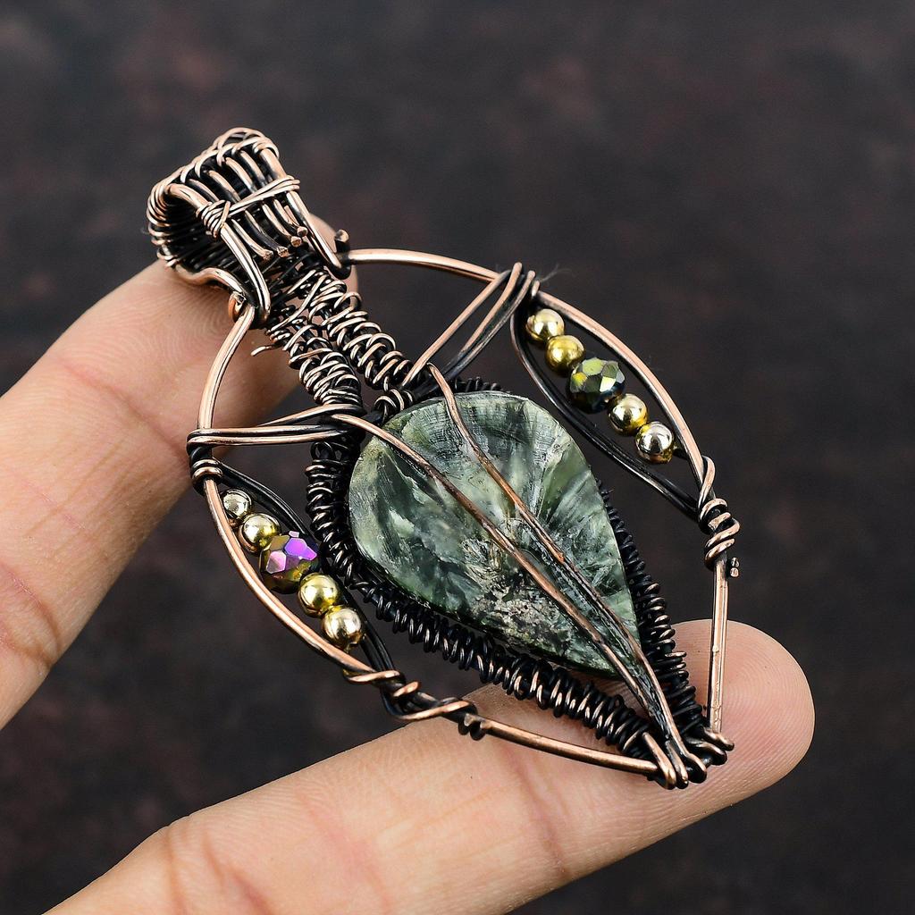 Seraphinite Copper Pendant Wire Wrapped Pendant Titanium Beads Pendant Copper Wire Jewelry Gift For Mother Handmade Pendant Gemstone Jewelry