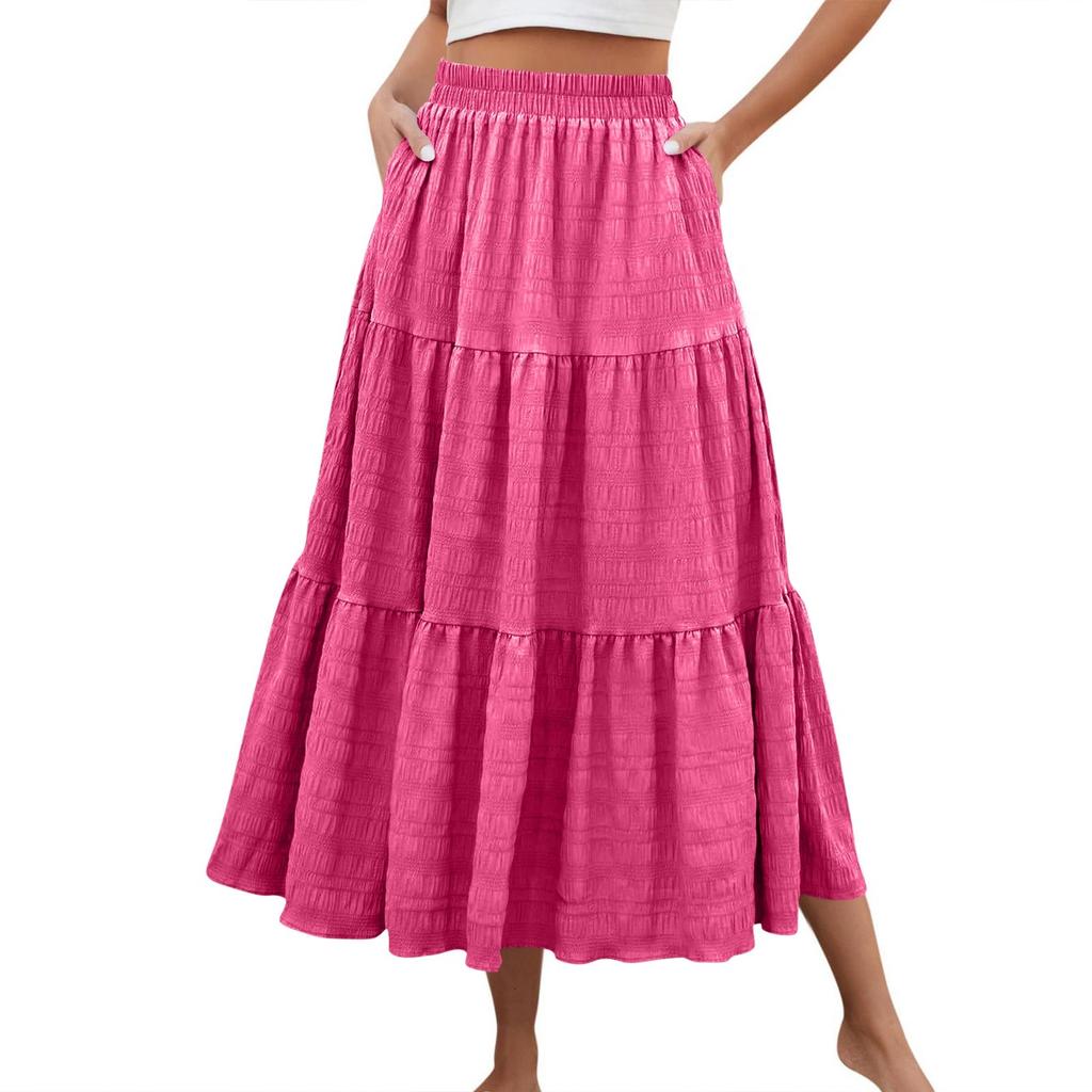 Women's Fashion Summer Bohemian Solid Color Elastic Waist A-line Pocket Half Length Skirt