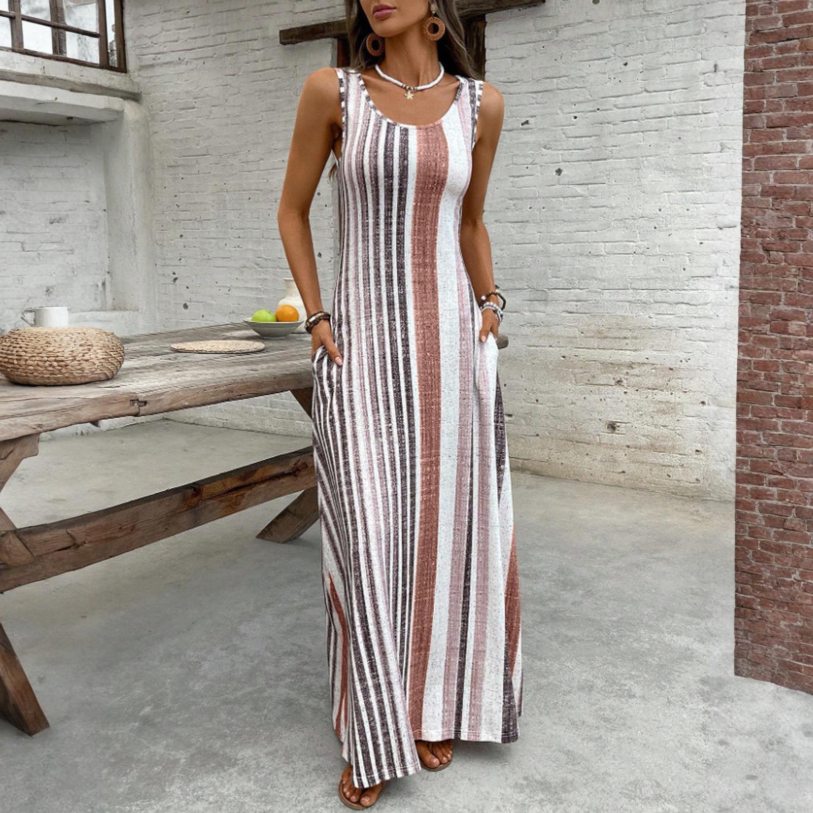 

Women s Dress Casual Flowy Dresses R-neck Vocation Boho Beach Sundress S верблюд