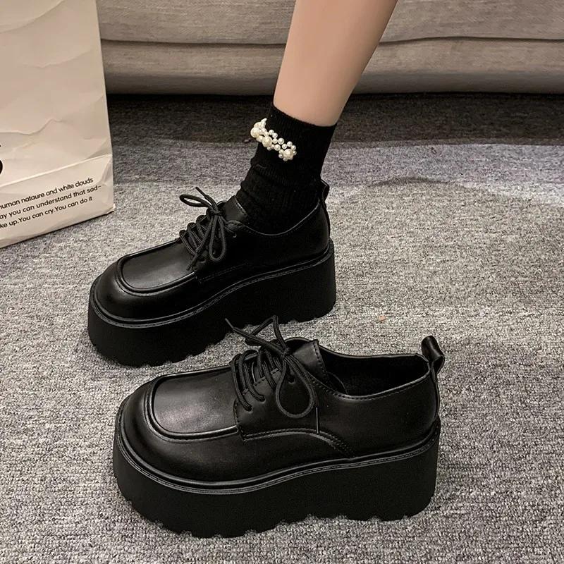 Fashion JK Uniform Shoes Women New Black Small Leather Shoes Platform Loafers Girls' Japanese Style College Style Lace Up Oxford Shoes