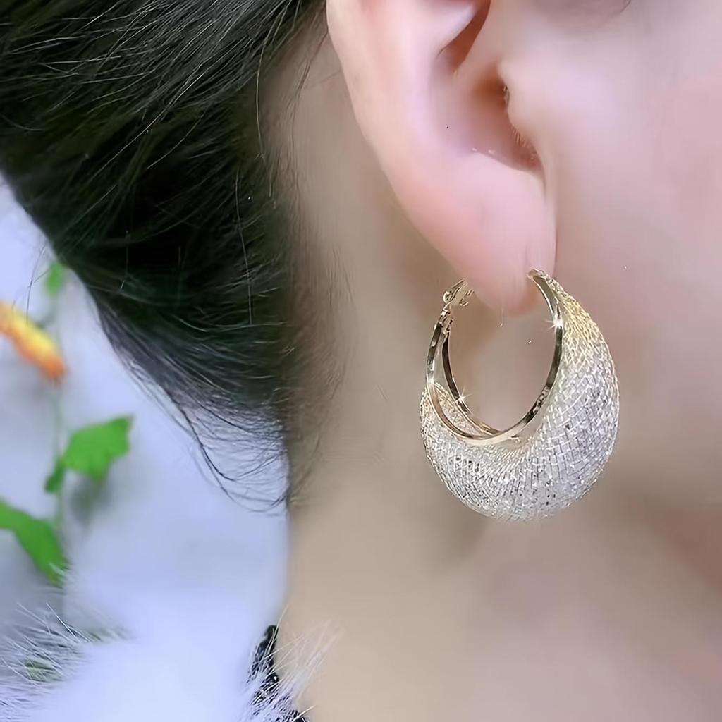 Pendientes de aro con diseño de malla brillante exagerada, joyería de hierro con incrustaciones de diamantes de imitación, estilo elegante y informal para mujer, pendientes de fiesta