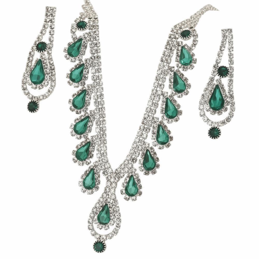 Geometric Pendant Rhinestone Necklace Set Crystal Bridal Jewelry Set  Bride Accessories зелёный