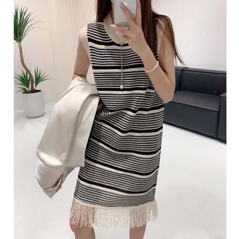 2026 Summer Korean Tassel Hem Color Block Stripe Knit Sleeveless Long Dress White Stripe