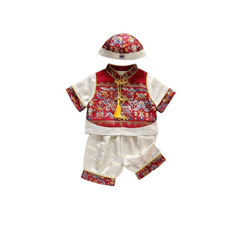 Summer Baby Boy Birthday Tang Suit with Crown for Zhou Ceremony