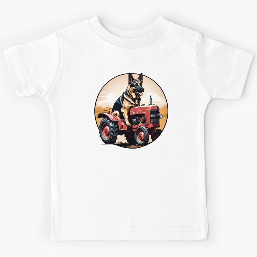 German Shepherd Dog on a Vintage Tractor Kids T-Shirt 100
