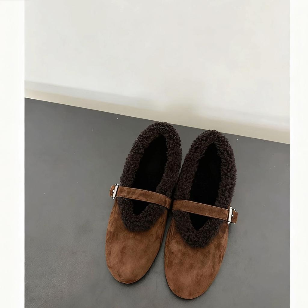 Wool Mary Janes Women Flats Heels Lambs Fur Shoes Ladies Belt Buckle Furry Ballerines Cozy Warm Loafers Female