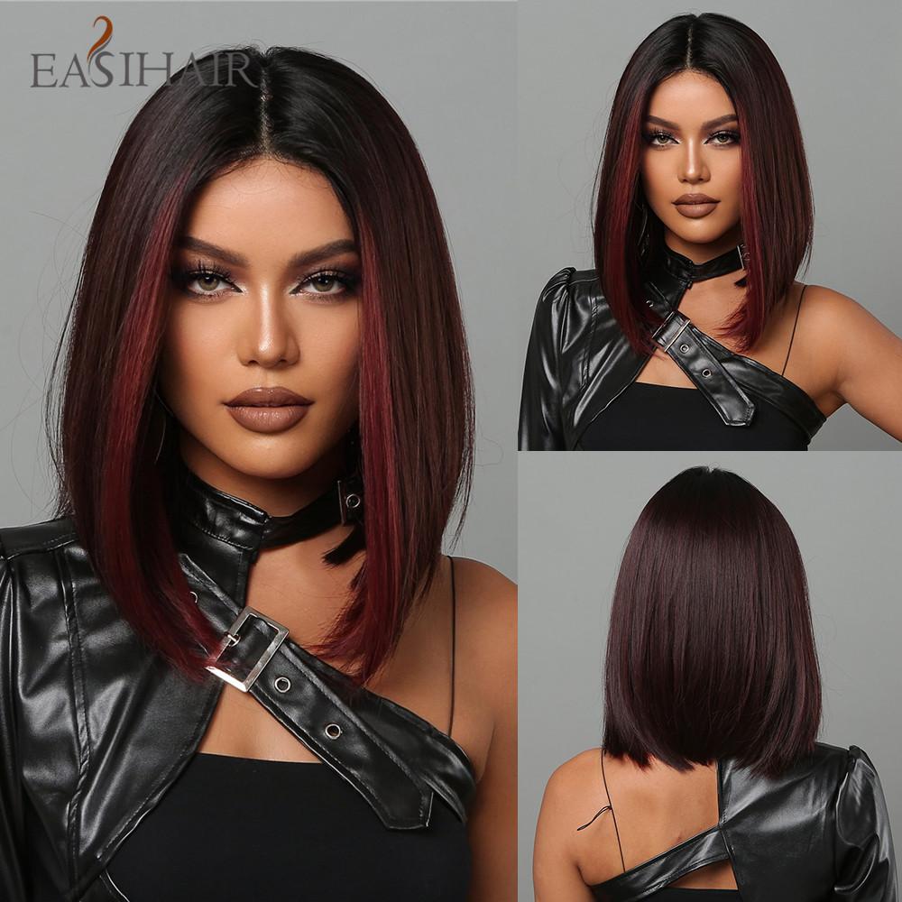 EASIHAIR Synthetic Bob Wigs with Bang Short Straight Light Blonde Beige Natural Hair Wigs for Women Daily Cosplay Heat Resistant
