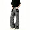 American Retro Leopard Print Splicing Jeans Men's and Women's Patch Pockets Design Loose Casual Wide-leg Scimitar Straight Pants