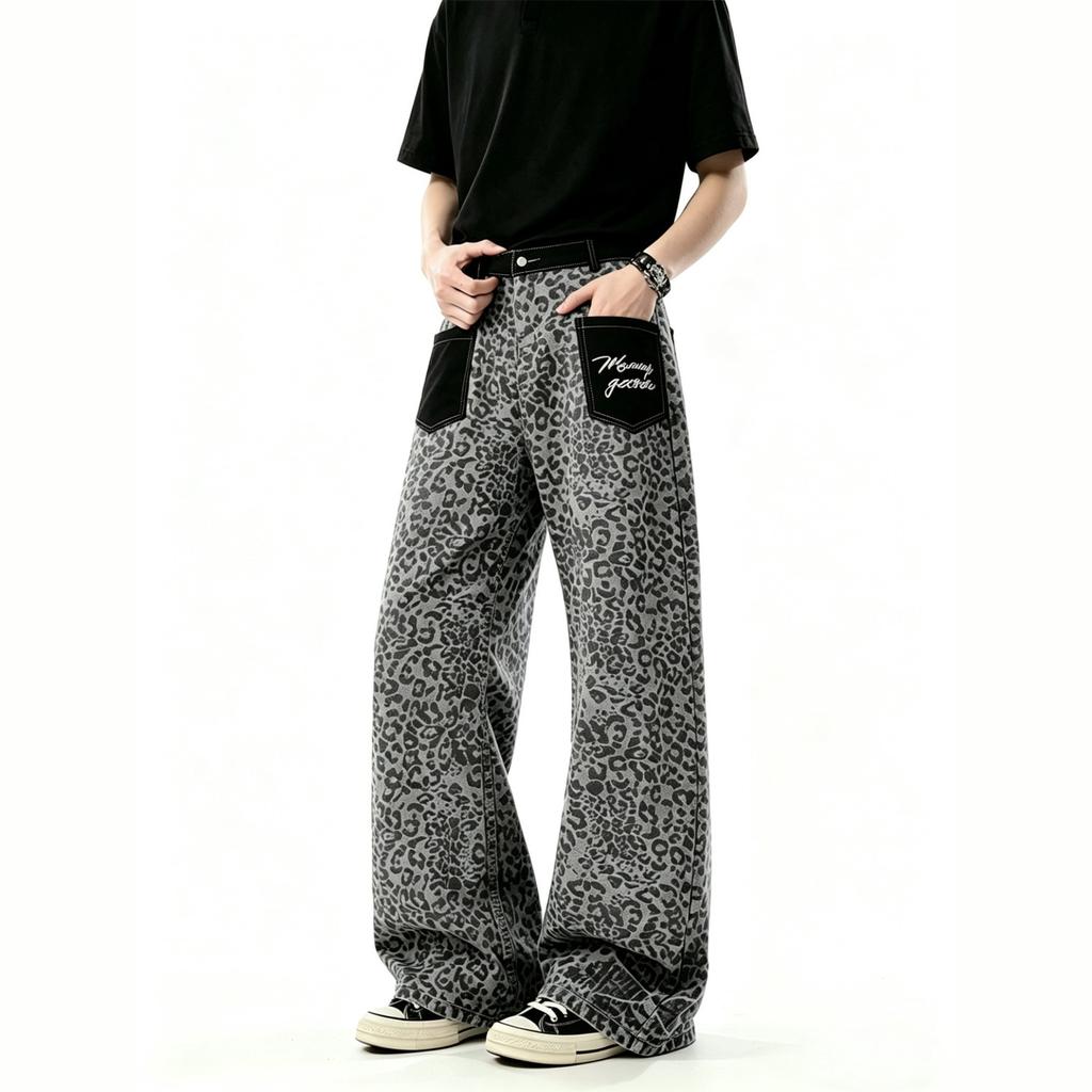 American Retro Leopard Print Splicing Jeans Men's and Women's Patch Pockets Design Loose Casual Wide-leg Scimitar Straight Pants