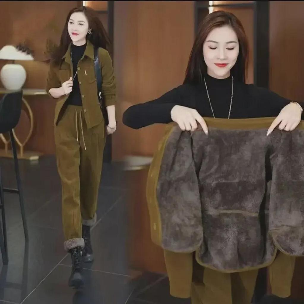 2024 Damen-Cordsamtanzug im koreanischen Stil: Herbst/Winter Casual & Trendy Zweiteiler