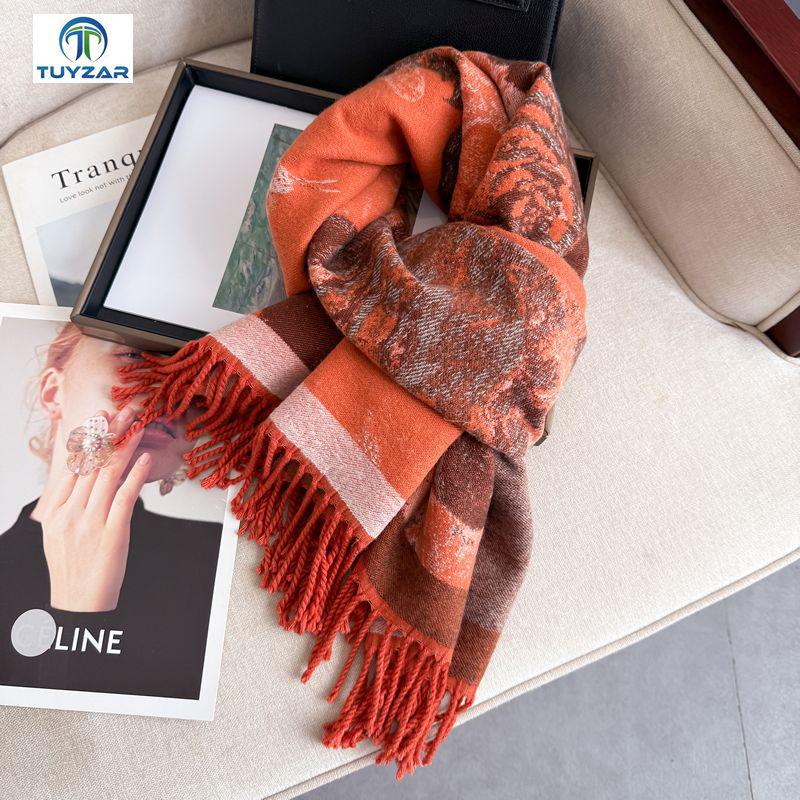 Elegant Ethnic Style Double-Sided Scarf – Women's Soft, Thick, Warm Shawl for Autumn & Winter