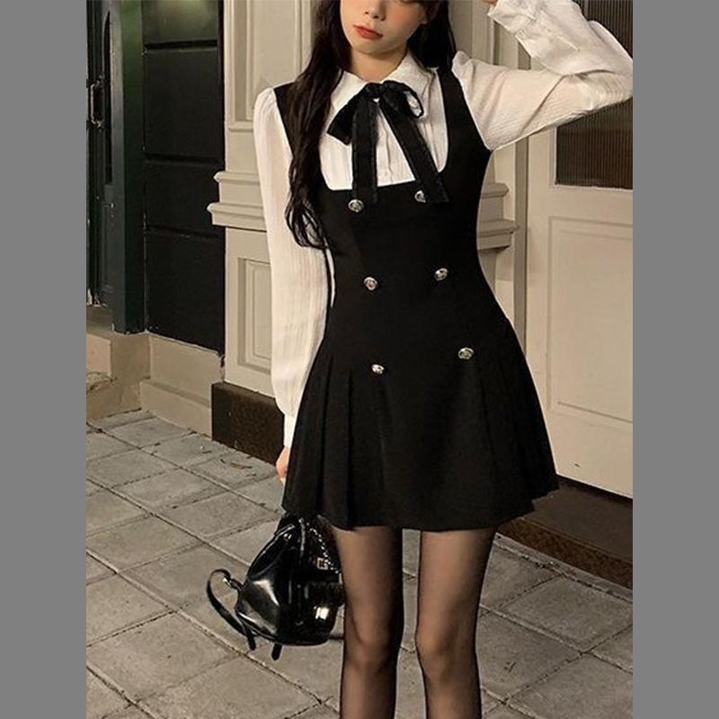 

Французское платье-рубашка, женская весенняя короткая юбка в академическом стиле с талией, искусственные юбки с двумя ремешками M чёрный
