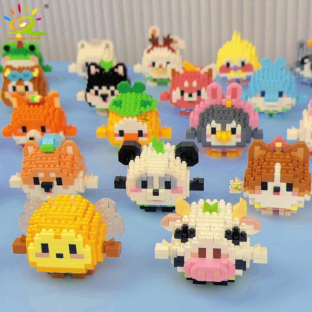 HUIQIBAO Mini Cute Animal Micro Building Blocks 3D Diamond BEE Cat Panda Model Bricks DIY City Construction Toys for Children