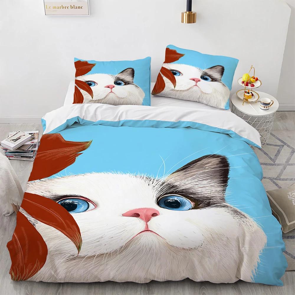 Watercolor Cat Duvet Cover King Queen Pet Kitty Bedding Set For Teens Adults Blue British Shorthair 2/3Pcs Polyester Quilt Cover