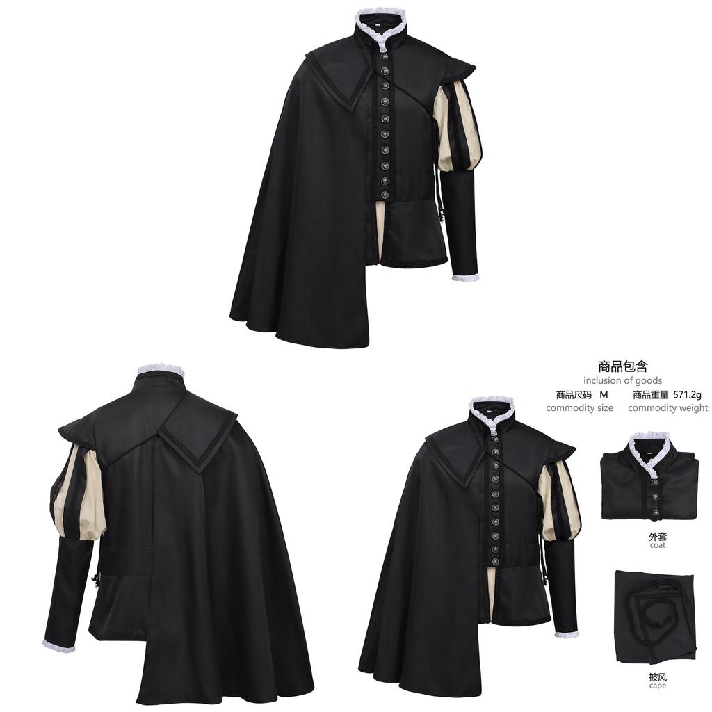 Medieval Renaissance Mens Black Long Robe With Cloak For Formal Events