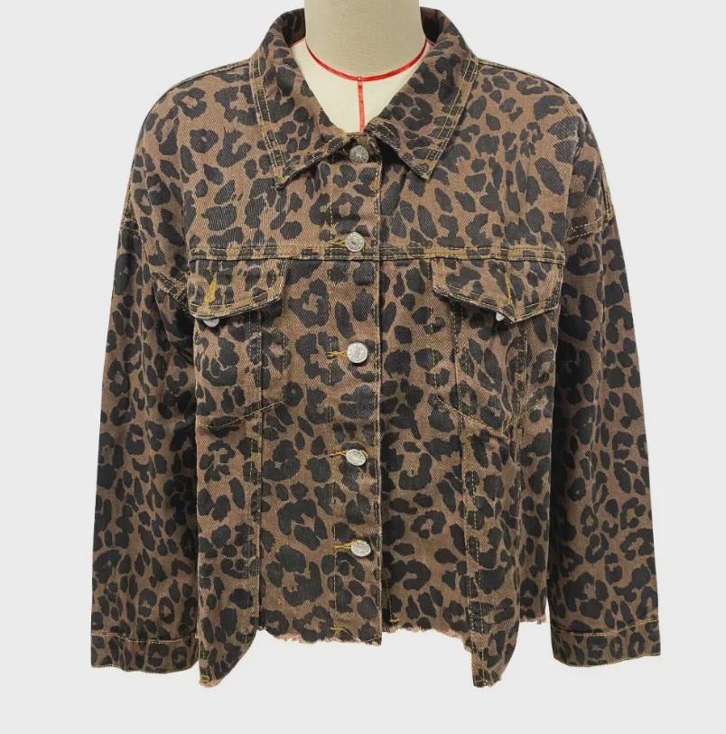 2024 Jeansjacke mit Leopardenmuster: Europäischer und amerikanischer Stil, Frühling/Herbst, langärmlig, kurz, locker, lässige Passform für Damen.