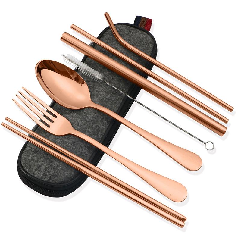 Stainless Steel Portable Tableware Stainless Steel Straw Chopsticks Fork Soup Spoon Combination Set Seven Piece Set Dinner Set
