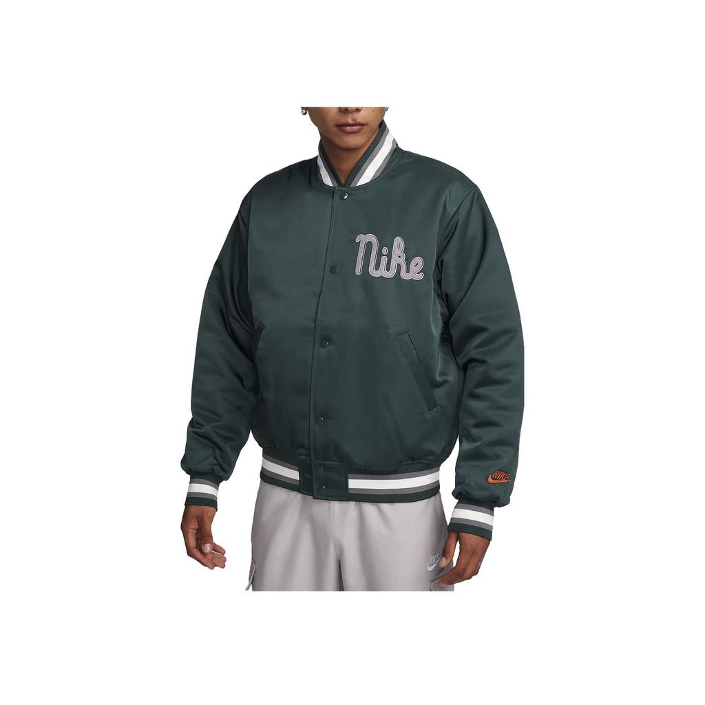 Nike Jednobarevná bunda s potiskem písmen, skrytým zapínáním na knoflíky, slim fit, s dlouhým rukávem, pánské bundy, zelená FQ7970-328