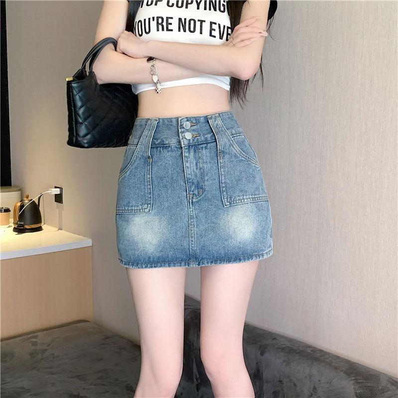 Saia Única com Design de Botão Duplo Cintura Alta Retrô Linha A Pacote Meio Corpo Quadril Saia Curta Calças Moda Feminina Verão Saia Curta Jeans