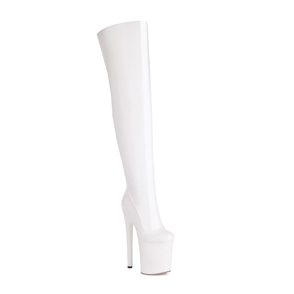 Sexy Overknee-Stiefel für Damen, 20 cm, High Heels, Pole Dance-Schuhe, dreifach plissiert, Lackleder, Motorradschuhe mit runder Spitze und Reißverschluss, Übergröße