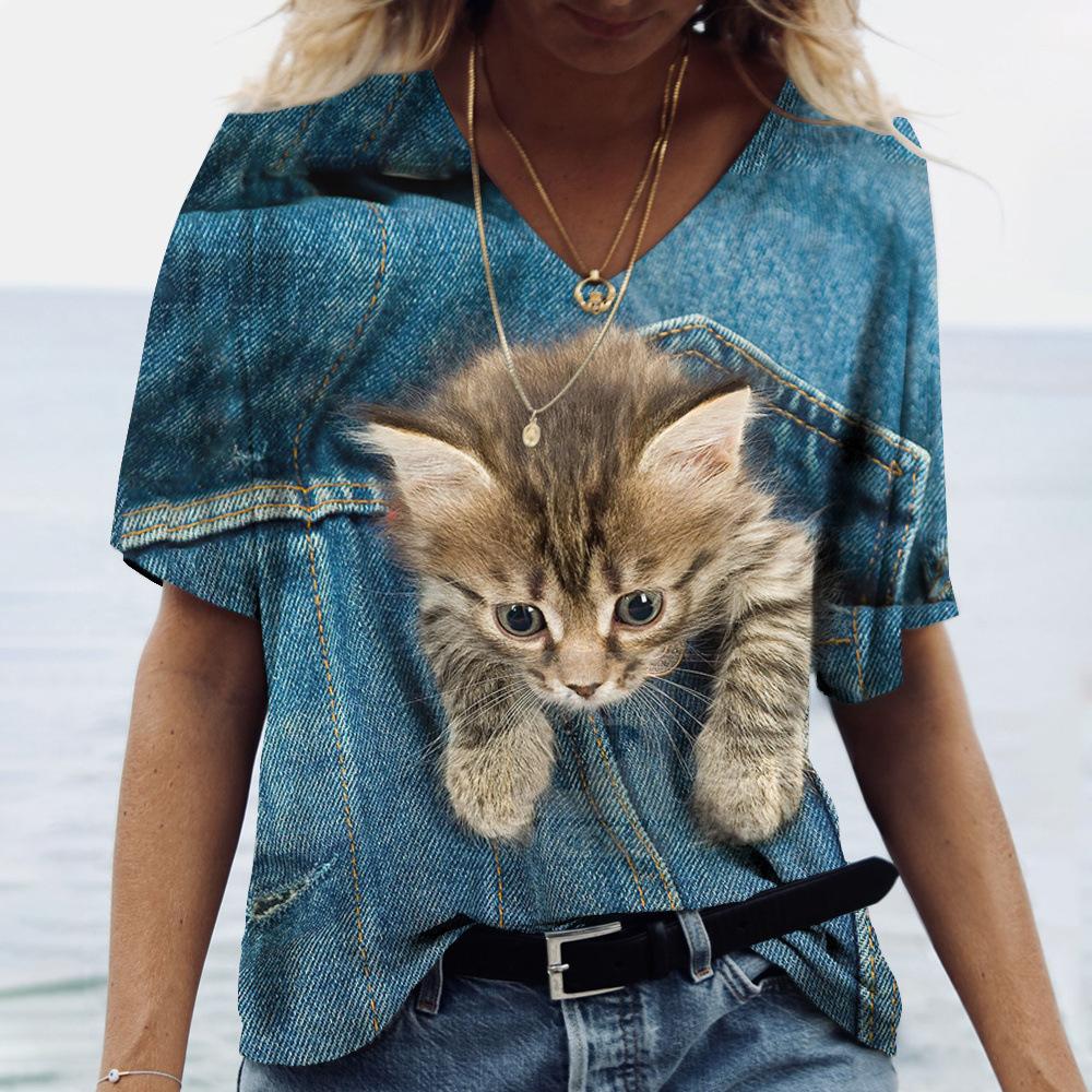 

Модні жіночі футболки Миле кошеня 3D-принт Дівчина Літо Harajuku Вільний повсякденний одяг Kawaii Футболки з V-подібним вирізом і короткими рукавами S