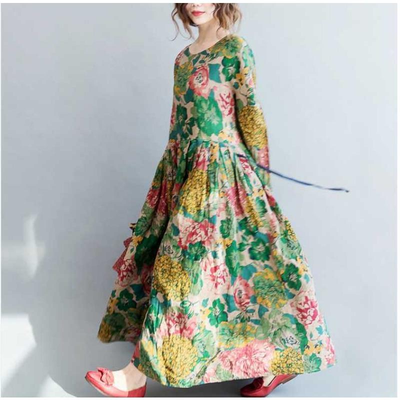 Damen Langer Rock Retro Große Blume Übergroß Schwingend Bodenlanges Kleid