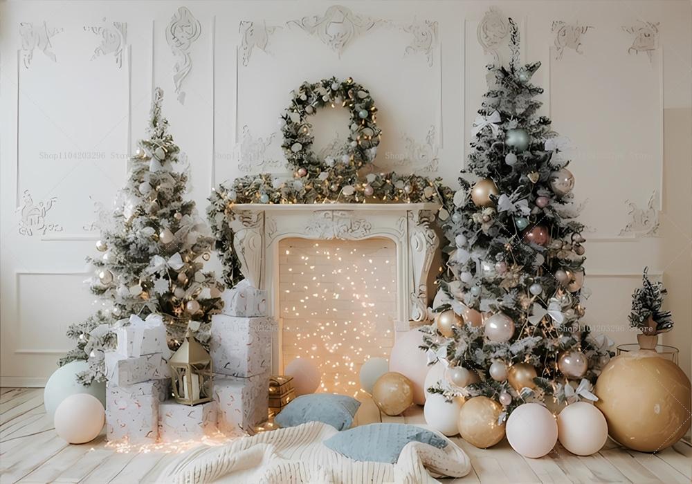 Winter Window Christmas Backdrop Fireplace Xmas Tree Gifts Teddy Bear Navidad Party Decor Kids Portrait Photography Background