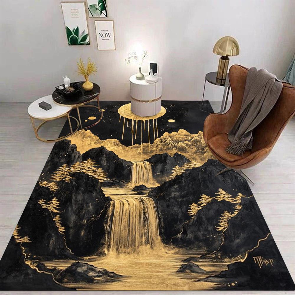 Chinese Art Style Carpet Golden Mountain Waterfall River Moonlit Forest Auspicious Cloud Patterns Rug For Living Room Decor