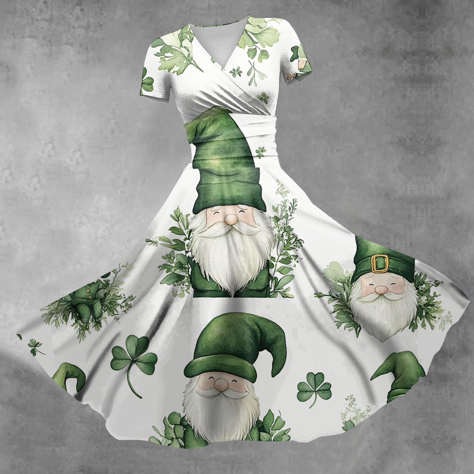 

Женское платье принцессы, сексуальное платье с V-образным вырезом, принтом, присборенной талией, плиссировкой и короткими рукавами XL белый