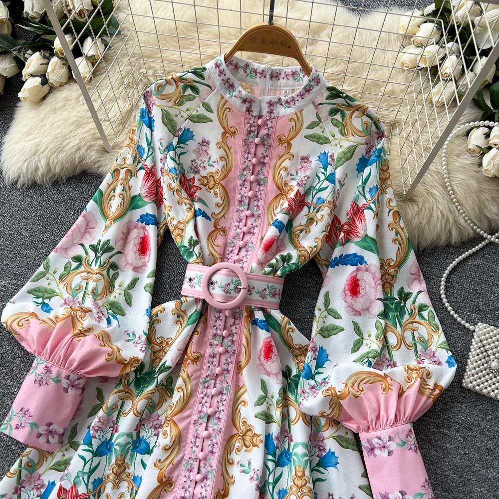 Court style V-neck lantern sleeve printed dress women's spring and summer waist thin A-shaped skirt commuting