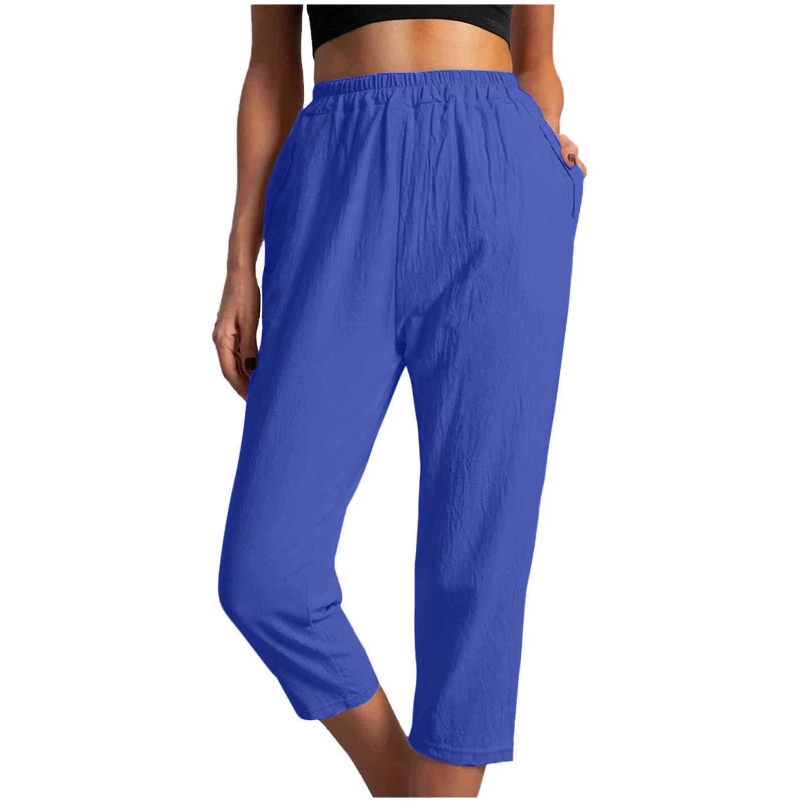 2026 Trendy Women s Casual Three-Quarter Elastic Waist Pants XXL синий
