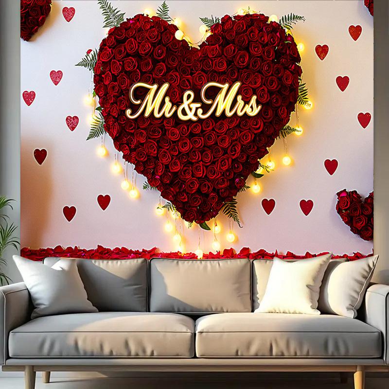 Mr & Mrs Wedding Backdrop with Red Rose Heart Design,Photo Background,Wall Decor,Party Supplies,Anniversary Backdrop,Reusable Wedding Decor