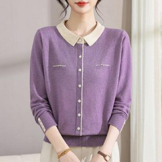 

Stylish 50-Year-Old Women s Knitted Lapel Sweater for Spring and Autumn 2XL фиолетовый