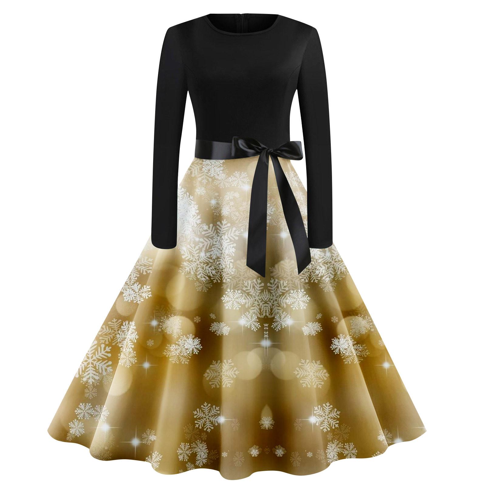 

Женское винтажное классическое платье с воротником на талии и галстуком-бабочкой с длинными рукавами и рождественским принтом, с круглым вырезом, свободное платье XXL жёлтый