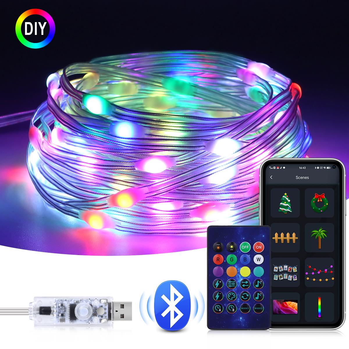 

USB 20M RGBIC LED String Lights Dream Color LED Copper Wire Fairy Lights Party Wedding Indoor Decoration Garden Christmas Lights 5M