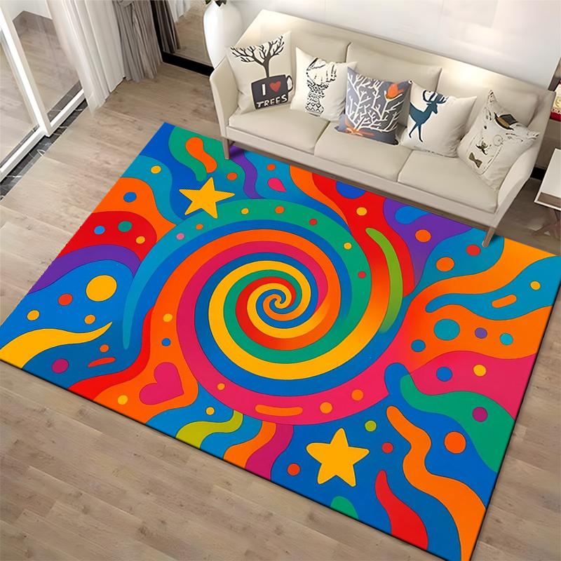 Colorful Spiral Pattern Carpet with Stars, Hearts, and Vibrant Design Suitable for Use As an Anti-slip for Living Room Bedroom Sofas