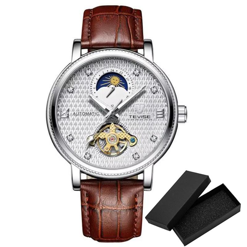 Top Brand Men Automatic Mechanical Time Moon Phase Display Luminous Hands Leather Waterproof Male Business Wrist Watches
