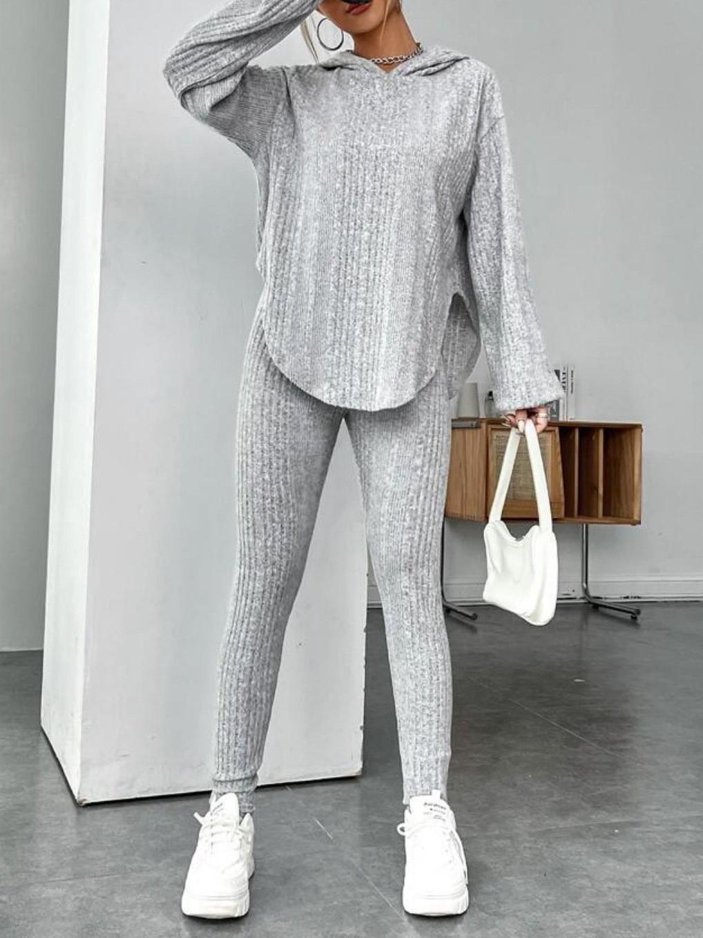 

Женский фиолетовый вязаный худи и брюки облегающего кроя, повседневный комплект для отдыха с топом с V-образным вырезом S светло-серый