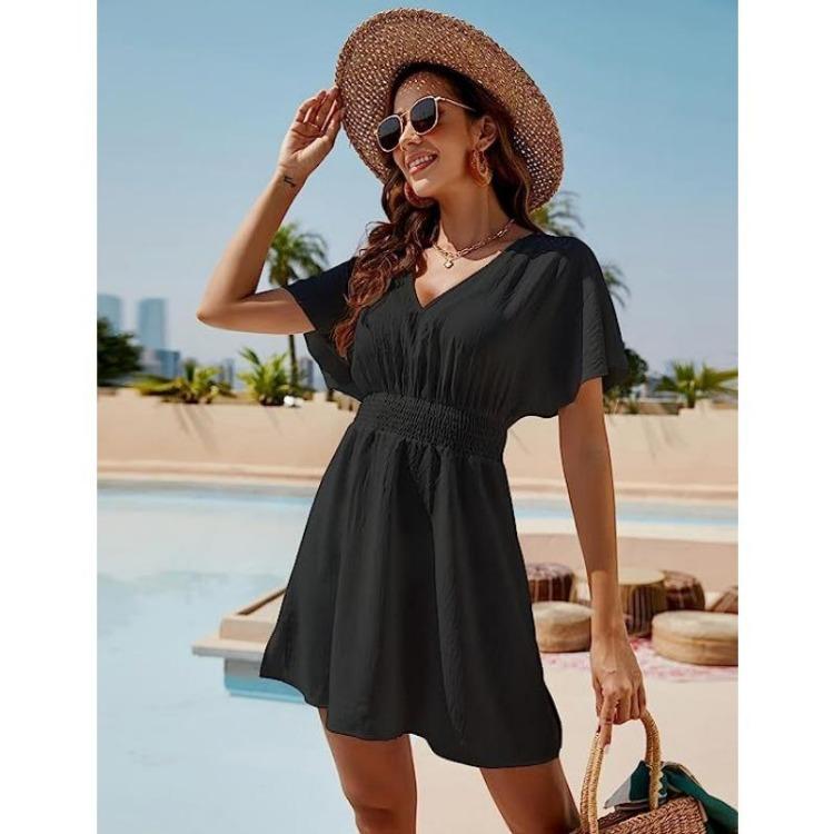 Summer Casual Dresses V Neck Short Sleeve Womens Dress