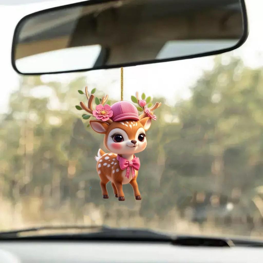 Cartoon With Deer Pink Hat Car Mirror Ornament Pendant For Kids Vehicle Decor