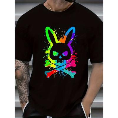 European Sizes Men's Colorful Skeleton Rabbit Pattern T-shirt  Round Collar Short Sleeve Black Bright Print Design Casual Wear Machine-washable